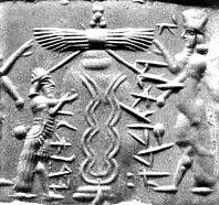 45 - semi-divine king, unidentified god in winged sky-disc, & Ashur