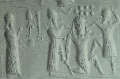 4a - Marduk's Rocket atop ziggurat symbol, son Nabu's Stylus symbol next to it, Nannar's Moon Crescent, & Enlil's 7-Planets symbol