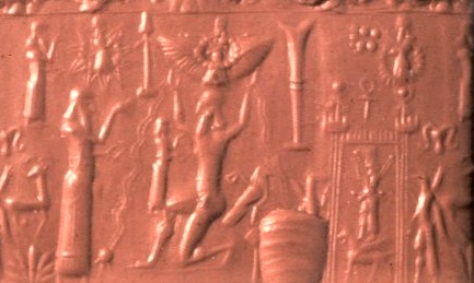 4b - Marduk's Rocket & Nabu's Double Stylus symbols in middle_ Enlil points to Inanna, Enki & Enlil in their winged sky-discs, & Ninurta atop his winged beast