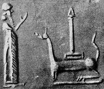 4h - Nabu stands reverently before father Marduk's long stage Rocket atop Mushhushu symbols