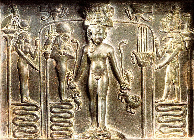 53 - Isis, Horus holding Ningishzidda's symbol of the serpents, & Thoth - Ningishzidda
