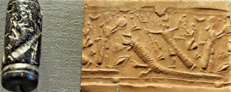7b - Ningishzidda's horned serpent symbol; Marduk waging war on Inanna & cousins