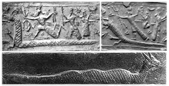 7c - Ningishzidda's horned serpent symbol; Marduk-Nibiru battles Tiamat-Earth