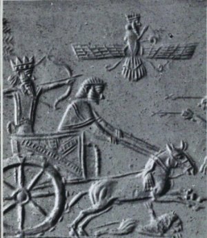 10b - god riding sky-disc, king in chariot being protected in battle