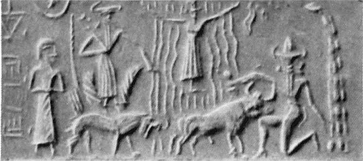 3a - unidentified, Ninurta atop storm beast, semi-divine ascends, & Utu offering, a slaughtered bull
