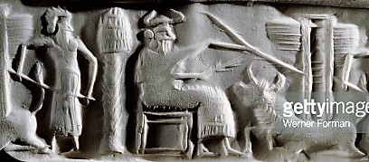 7 - Nannar feeding his bull at launch site; Akkadian artifact