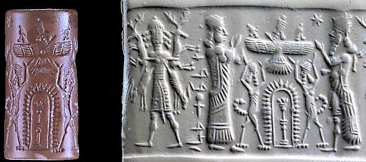 8 - king with dinner, Anu with sons Enki & Enlil in his sky-disc, Ninhursag & Marduk in discussion