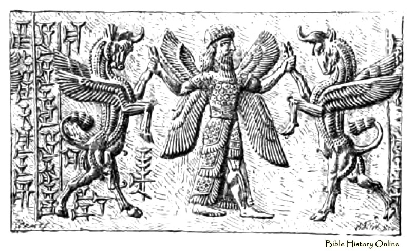 16 - winged pilot Marduk OR Ninurta battle animal beast symbols of unidentified gods; Assyrian cylinder seal