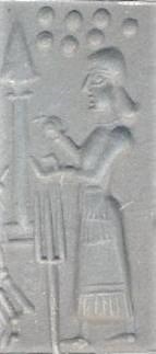 1g - Ninhursag with symbols for Enlil & Marduk, & Adad; Ninhursag trying to keep things calm between cousin gods fueding over Earth Command