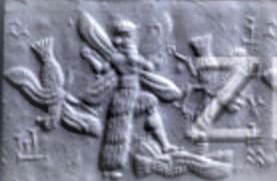 24 - Ninurta OR Marduk knocks animal symbol from the sky, while battling other symbols as gods