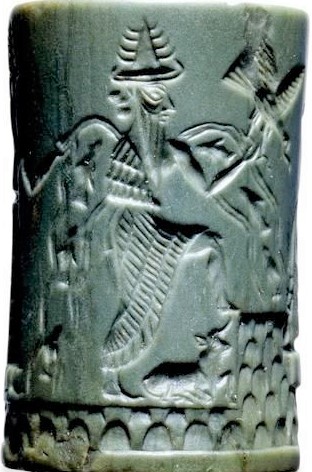 2c - seal of Enki taking a giant's step, the eldest & wisest son to King Anu, but was replaced by Enlil as Anu's heir due to their law of the "double seed" succession