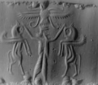32 - Marduk battles animal symbols of possibly the gods Ninurta & Adad, & winged sky-disc above
