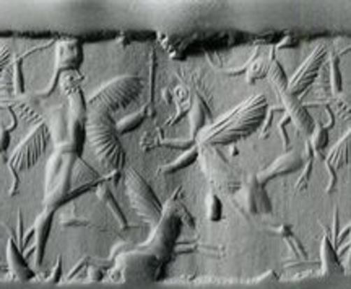 36 - Marduk & Pegasus battling Ninurta's winged animal symbol & unidentified animal symbol for a god
