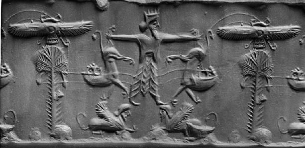 37 - Marduk under alien sky-disc, battling 2 animal symbols of gods while standing upon 2 griffin symbols of unidentified gods