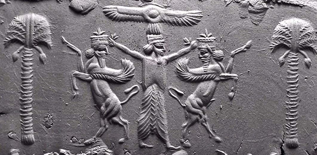 38 - Marduk under winged sky-disc holds 2 winged unidentified animal symbols for gods