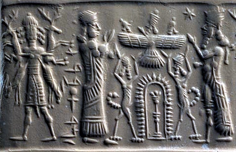 3a - giant mixed-breed king with dinner offering, Ninhursag, plus Enlil, Anu, & Enki in Anu's sky-disc, & Ninurta on land; the top of the Royal Family from Nibiru; only a giant could catch & carry hundreds of pounds of animals all at once