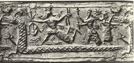 45 - Enuma Elish Creation Story; Marduk in battle riding upon animal symbol of Ningishzidda