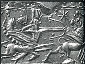 49 - artifact example of Marduk as animal god battling cousin animal god; unidentified in sky-disc above