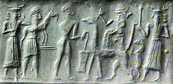 6h - Ashur, giant mixed-breed king with dinner offering, earthling worker, Marduk, & youngest son Nabu