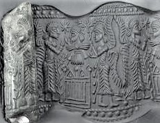 7b - Marduk, Enlil inside winged sky-disc / flying saucer. Ninurta, & 2 unidentified gods; it was Enlil who gave the OK to Ninurta, Adad, Nergal, etc. to attack their cousins under Enki