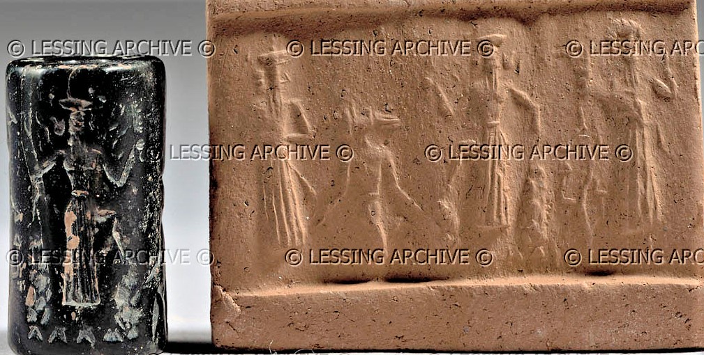 9b - Ningishzidda, Enki, Enlil, & Noah with lamb sacrifice, Enlil scolds Enki for saving Noah from the Flood, prior to Enlil sending the Flood, the gods were made to agree that the earthlings were not to know of its coming