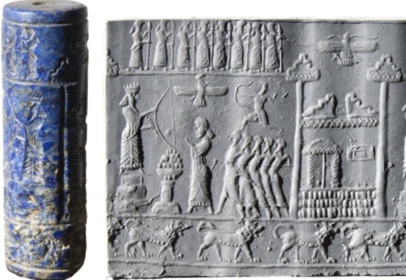 9 - Inanna upon her ziggurat residence, & Ninhursag, above sky-battle between Marduk & Ninurta, & Marduk's sky-disc