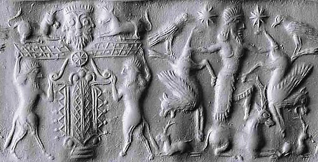 18 - Marduk above in his winged sky-disc, Marduk battles 2 unidentified gods as griffins