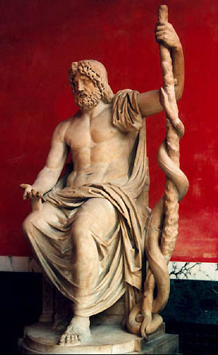 Asclepius, Greek name for Damu, god of medicine with serpent around divine rod
