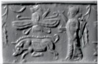 7f - Enki in his winged sky-disc & son Marduk on land