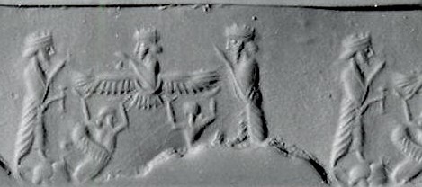 19 - Marduk in his winged sky-disc with twin son Ashur & Seth