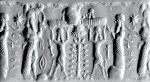 13a - Nannar with King Anu & son Enlil inside their alien winged sky-disc / flying saucer, & unidentified; scene clearly displaying alien technologies never seen before on Earth