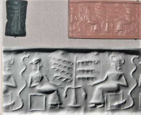 38 - ancient artifact of The Adam and Eve cylinder seal (c.2200 to 2100 BC) in the British Museum