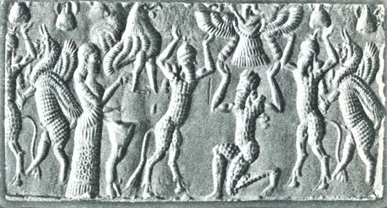 7g -  - Ninhursag, Marduk, Enki above in sky-disc, & Ninurta beast