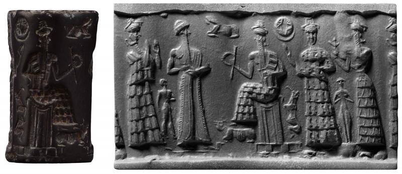 8c - Ninsun, her semi-divine son-king, Nannar, Enlil with feet upon a bull, Ninlil with hand up like as to say hello, naked Inanna, & Ninurta
