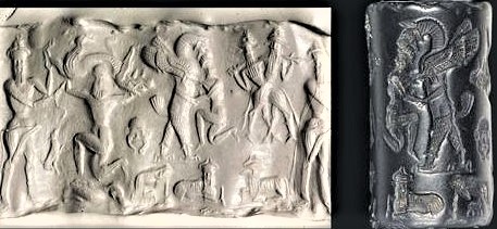 8d - Gilgamesh & Enkidu,, Ninurta's beast, & twisted Ningishzidda; Babylonian seal 1900-1700 B.C.