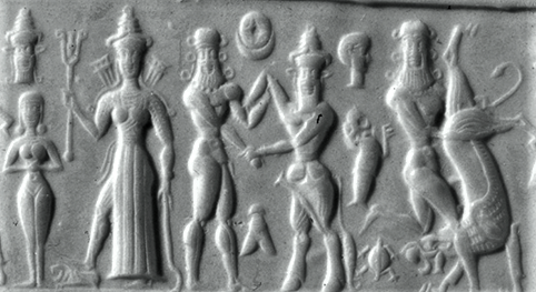 8e - Inanna nude, Inanna, Gilgamesh wrestling Enkidu, & Gilgamesh fighting beast