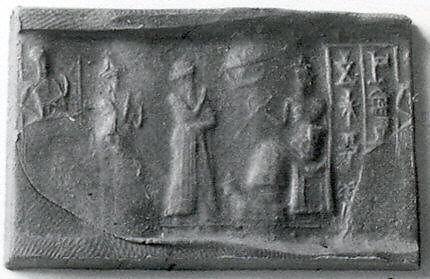 8g - unidentified, Ninsun, her semi-divine son-king, & Enlil; Ninsun in this scene brings one of her son-kings before Commander Enlil, the god over gods