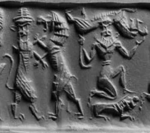 9l - Enkidu battles one beast while Gilgamesh battles another