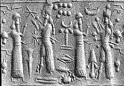 8b - Enlil & Adad; Enlil & Inanna, there are many symbols of the gods in this scene with Enlil's 7-planets & Nannar's Moon Crescent prevalent