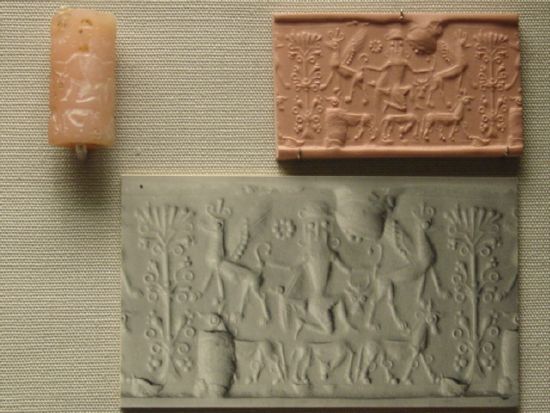 g - Gilgamesh seal; early mixed-breed king & winged animals in battle