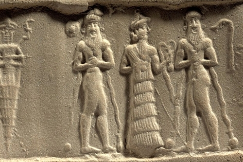 w - Ningishzidda with serpent on his shoulder, 2 mixed-breed early kings, sons to mother Ninsun