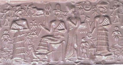 15a - naked Inanna in background, Enlil on his throne in Nippur, Nannar with dinner offering, semi-divine king in background, & Utu