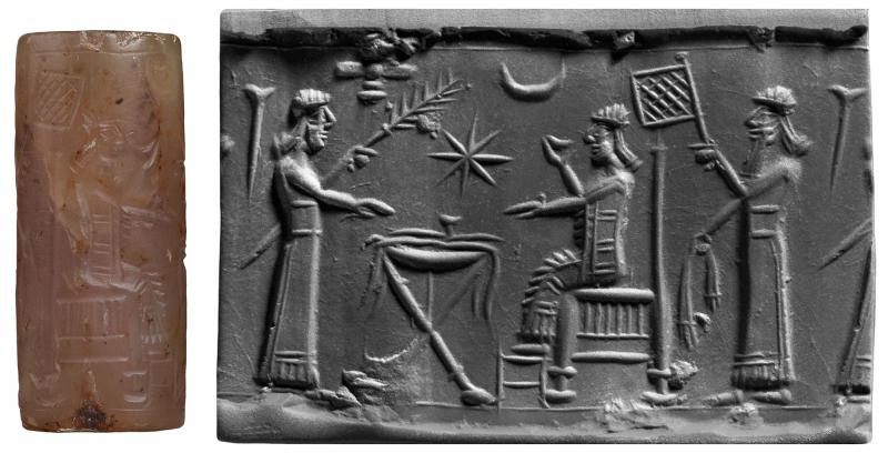 27 - Ninhursag, the goddess with authority over others, Queen goddess of Ur Ningal, & unidentified god fanning her, possibly her spouse Nannar