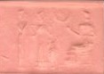 57 - faded scene of giant semi-divine, Inanna, & seated Ningal; Inanna brings semi-divine king as her spouse before her mother Ningal