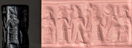 65 - 2 unidentified gods, semi-divine king, Ninsun, & Nannar seated; these artifacts represent actual important scenes in history from ancient Mesopotamia, many of their meanings are now lost