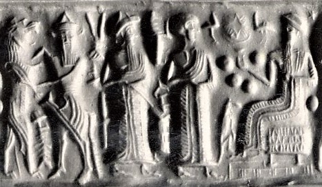 6m - ancient scene with Enkidu, Ninurta, semi-divine king, & Nannar; king is probably a king of Ur, Nannar's patron city-state