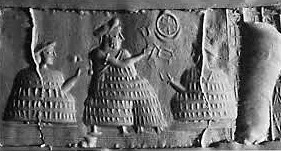 8e - overblown images of Inanna, father Nannar raising a cup, & mother Ningal