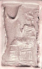8i - Ningal seal, reverse-carvrd image into cylinder rock & rolled onto wet clay for imprint, clay baked hot to harden enabling them to last thousands of years; earthlings could not reverse carve at this time, nor would they think to do so