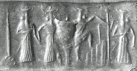 5ea - unidentified, Ninurta, & Utu climb the ziggurat to see Enlil at home in Nippur, his patron city