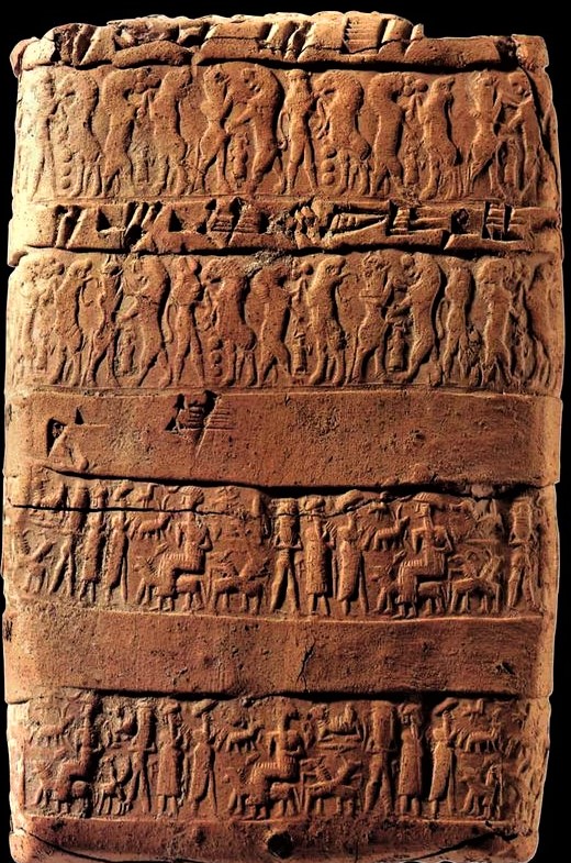 27 - bottom panels; worker, 2 unidentified bring dinner, & Nannar seated in Ur; a time long ago when the gods walked & talked with semi-divine men & women